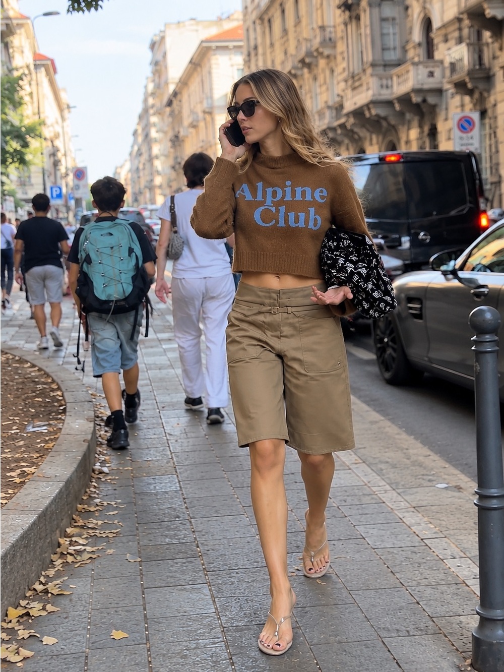 Pilcro Brown Cropped Sweater with Khaki Bermuda Shorts